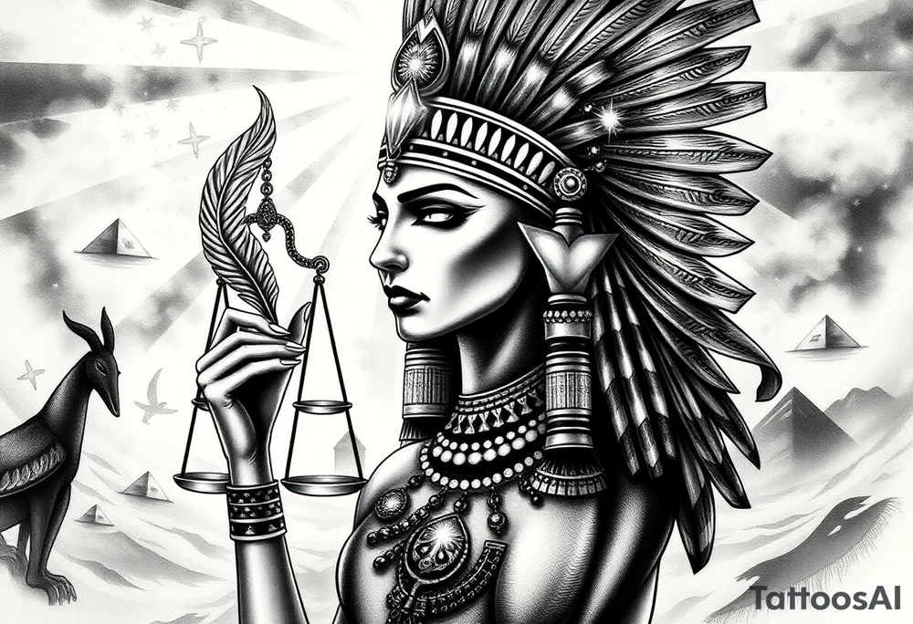 Beautiful Egyptian goddess woman, depicted as a regal woman with an ostrich feather headdress, intense glowing eyes, and intricate ancient Egyptian jewelry. She stands or floats amidst swirling cosmic energy and beams of light, with subtle hieroglyphics and pyramids in the background. Incorporate the Scales of Justice—one side holding a heart, the other Ma’at’s feather—glowing with ethereal energy. Emphasize dramatic lighting, deep shadows, and surreal, mystical atmosphere to match a sleeve with Anubis and cosmic motifs. Design should flow with existing sleeve art, using soft transitions and layered textures. tattoo idea
