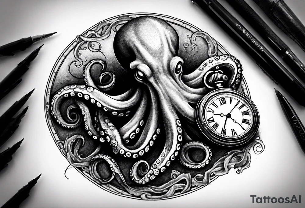 Octopus over an old pocket watch with his tentacles, in a natural pose tattoo idea