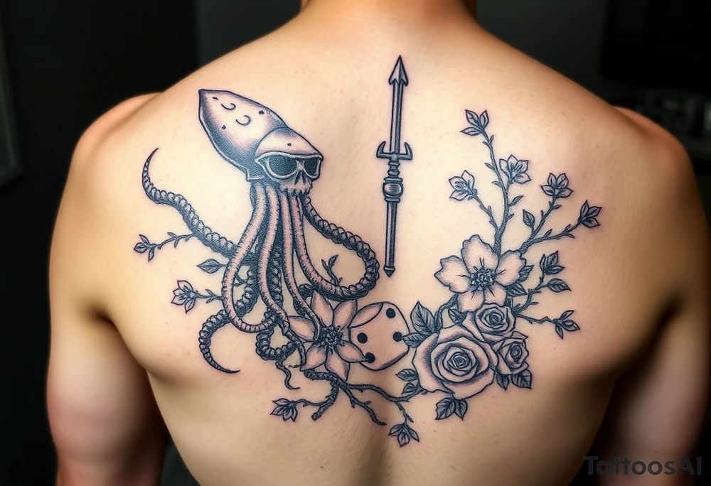squid and knight combined with tree roots, cherry blossoms and roses rolling dice tattoo idea