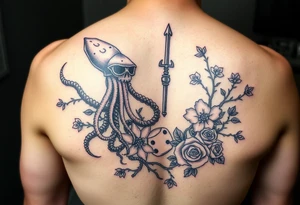 squid and knight combined with tree roots, cherry blossoms and roses rolling dice tattoo idea