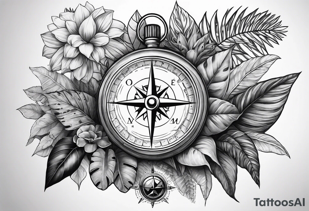 full sleeve tattoo with jungle plants, compass with eye tattoo idea