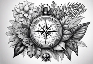 full sleeve tattoo with jungle plants, compass with eye tattoo idea