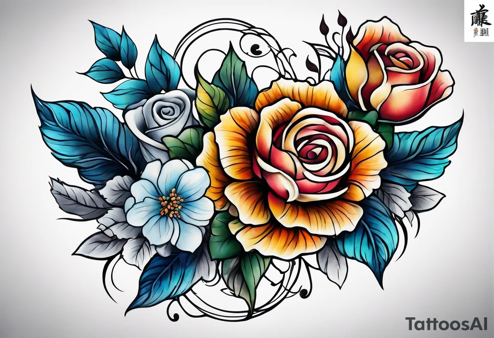 Front knee tattoo with fall colors, small flowers, rose, leaves, blue water flows with washes and background tattoo idea