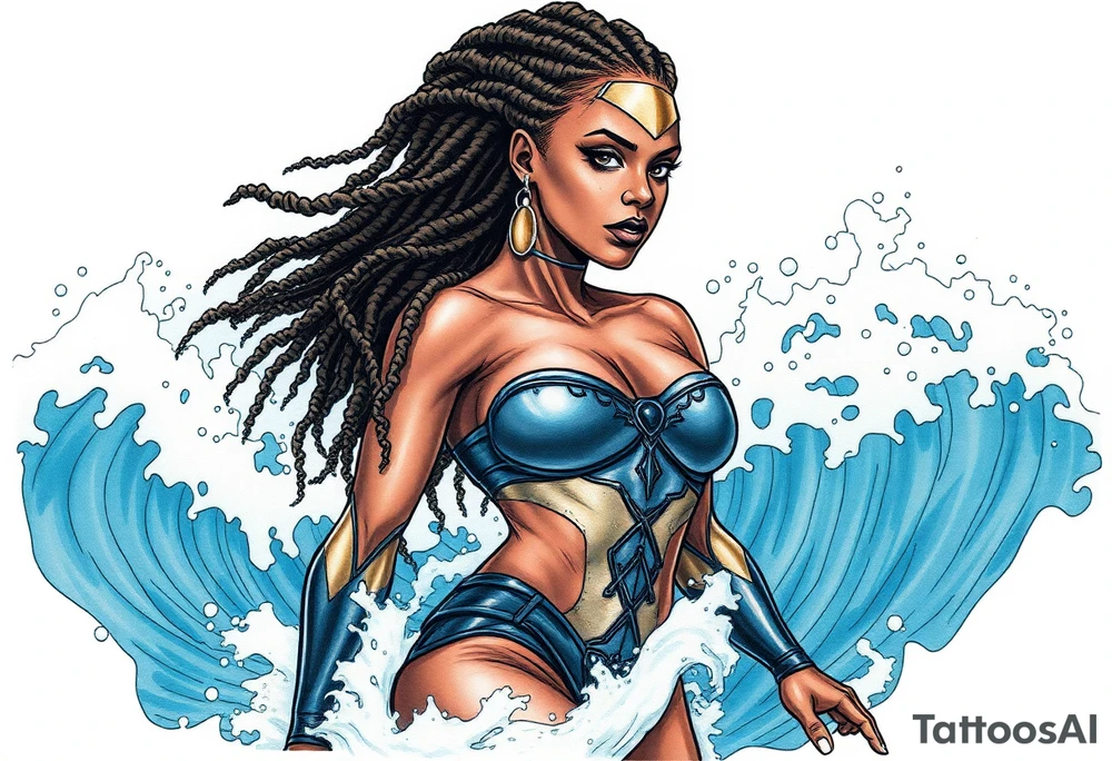 Create a comic book cover for a black female superhero named “Aqua Raven” have her standing in waves in the ocean with powers above her 
Show her with dreadlocs tattoo idea