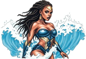 Create a comic book cover for a black female superhero named “Aqua Raven” have her standing in waves in the ocean with powers above her 
Show her with dreadlocs tattoo idea