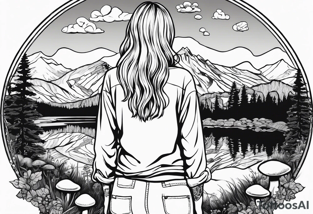 Whole picture encircled fully

Straight long blonde hair hippie girl in distance holding mushrooms in hand facing away toward mountains and creek surrounded by mushrooms long sleeve shirt and hiking pants; whole rendering within a full circle, no cut off circle tattoo idea