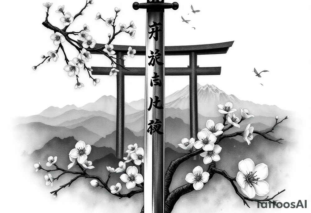 This is a black and gray realism tattoo rooted in discipline, duality, and intention. The centerpiece is a vertical katana, modeled after your original ink, clean and upright like a spine—symbolizing focus, precision, and grounded energy. It’s wrapped in the flowing limbs of a sakura tree, not as an accessory, but as an extension of the blade itself—representing beauty that blooms in adversity. Cherry blossoms aren’t scattered for aesthetics—they move with the wind, some drifting in the foreground, others clinging to the sword like it’s their protector. Behind it all sits a misty torii gate and layered mountains, giving the piece weight, history, and spiritual context. The kanji 平和の剣 (“Sword of Peace”) rides the piece vertically, not slapped on but earned—a message that resonates from the blade outward. The shading is deep and unifying, giving everything one breath, one tone, one story. Nothing floats, nothing competes. The sword doesn’t dominate the art—it becomes the axis around which peace, nature, and power orbit. tattoo idea