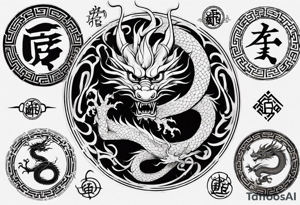 Chinese dragon in a circular shape with "02.03" written on its skin tattoo idea