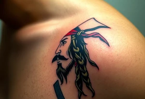 A stylized Jack Sparrow with exaggerated pirate hat and wild dreadlocks, done in bold black ink with deep red highlights for the bandana tattoo idea