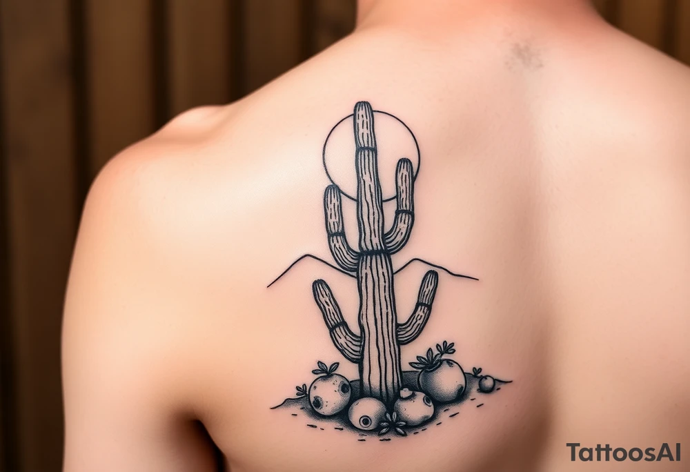Kokopelli desert scene with cactus and sun tattoo idea