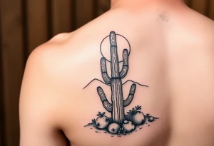 Kokopelli desert scene with cactus and sun tattoo idea