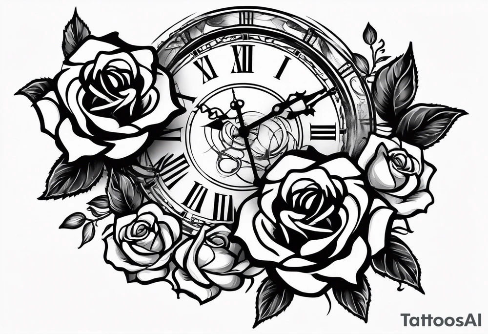 roses with broken chains and a clock in the middle tattoo idea