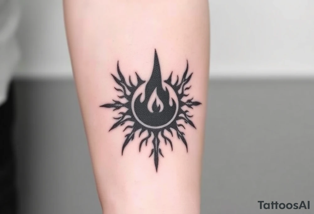 a round flame imprisoned in a roots circle tattoo idea