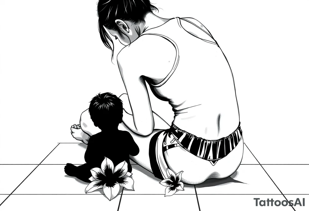 a tile floor with a minimalist realistic silhouette of the back of a thin woman sitting curled on the tile floor and a black silhouette of a young child sitting next to her with a lily next to them on the floor. The woman is wearing a Racerback tank top, running shorts, has dark hair pulled up high, and her head is down. tattoo idea