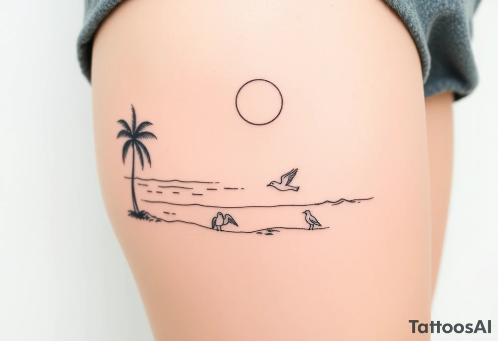 happy, peaceful, serene, timeless, ocean, sand, palm tree, seagulls, sun tattoo idea