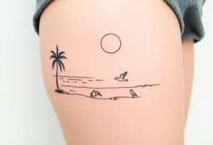 happy, peaceful, serene, timeless, ocean, sand, palm tree, seagulls, sun tattoo idea
