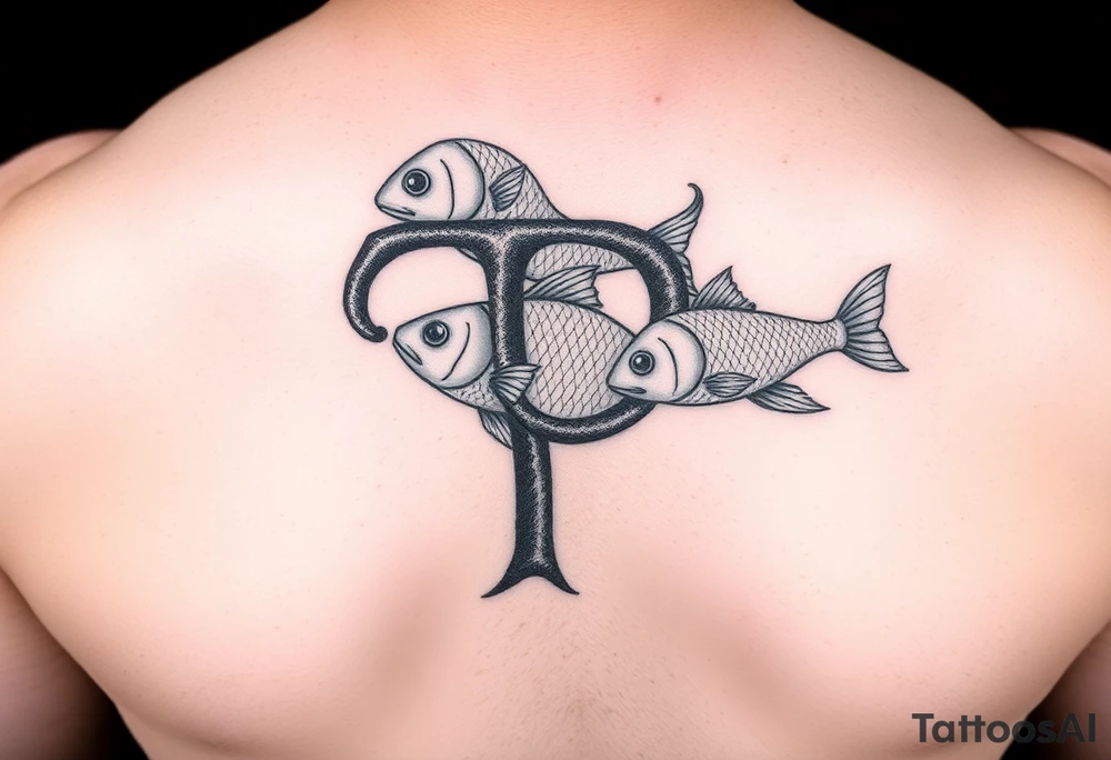 Using the letter P in “Pisces” to create tu fish swimming in different directions tattoo idea