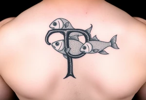 Using the letter P in “Pisces” to create tu fish swimming in different directions tattoo idea