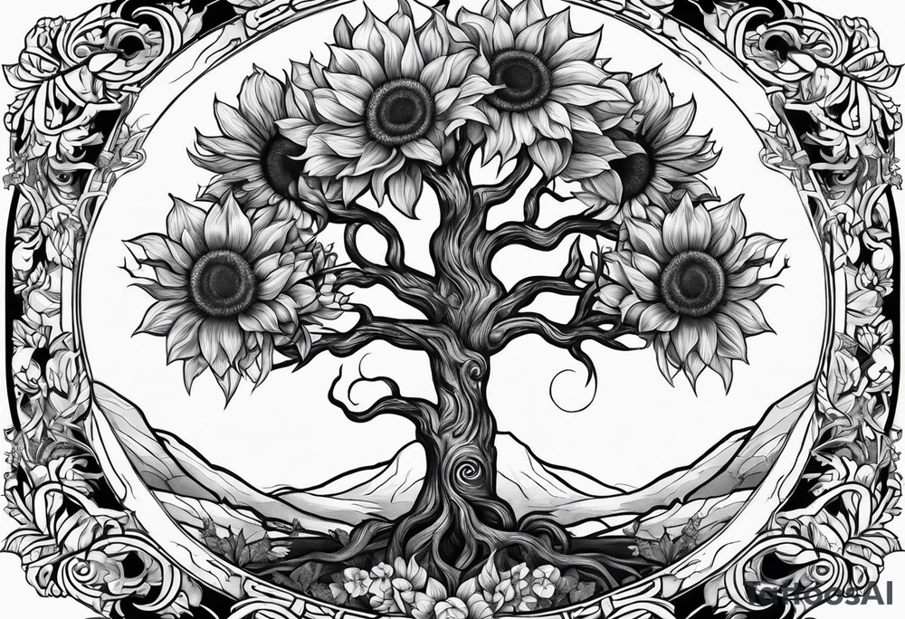 Feminine Yggdrasil tree with two sunflowers tattoo idea