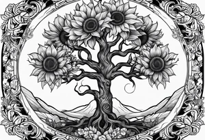 Feminine Yggdrasil tree with two sunflowers tattoo idea