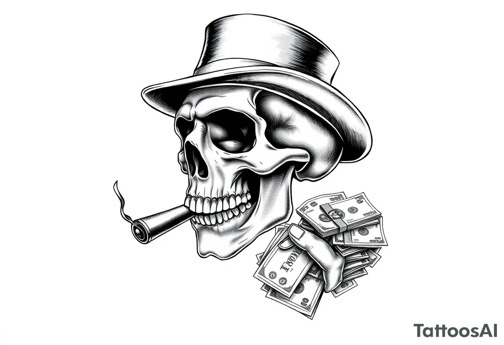 skull with mustache,a big cigar in his mouth,a top-hat on his head and alot of money in a hand. tattoo idea
