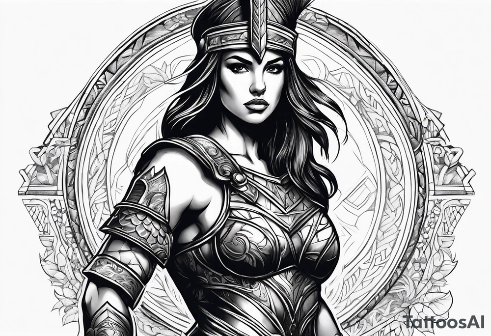 Female gladiator full body black background tattoo idea