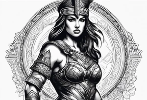 Female gladiator full body black background tattoo idea