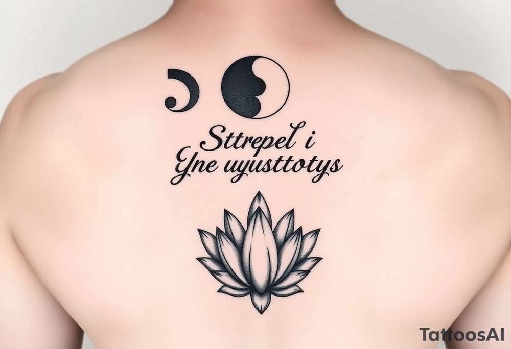 "Geometric sleeve where:  
- Top: Yin-yang symbol made of gun parts  
- Middle: Flowing text *"Стреляй в пустоту"* in Cyrillic calligraphy  
- Bottom: Minimalist lotus with 8 bullet casings as petals" tattoo idea