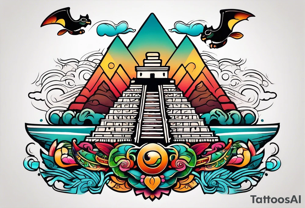 Colorful Mayan hieroglyph with sunglasses reflecting Chichen itza with bats and waves tattoo idea