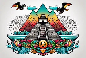 Colorful Mayan hieroglyph with sunglasses reflecting Chichen itza with bats and waves tattoo idea