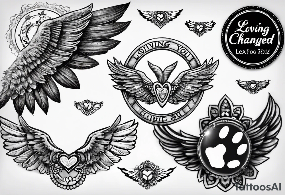 Small dog Paw print with halo and wings above the words loving you changed my life, losing you did the same - Lexie 11/08-7/23 tattoo idea