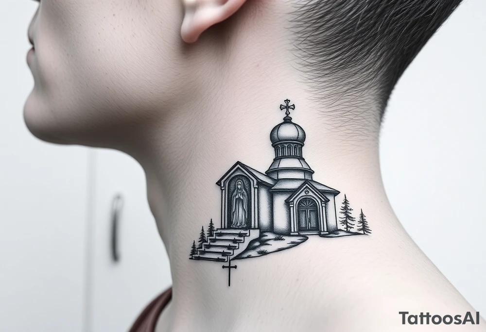 russian design traditional christian orthodox cross with a virgin mary stood beside the entrance of a russian orthodox dome church on the side of the neck in a wilderness setting with the design spread out the side of the neck tattoo idea