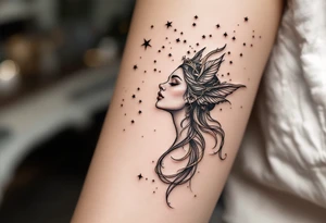 A celestial maiden in shimmering rose gold releases the Virgo constellation like stardust into the sky. tattoo idea