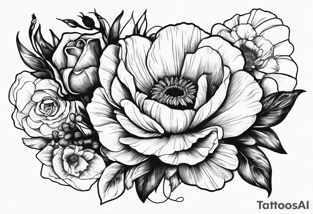 A vintage vertical design of a single daisy and a single rose with gladiolus flowers and poppies weaving through the daisy and rose tattoo idea