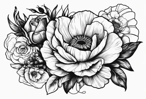 A vintage vertical design of a single daisy and a single rose with gladiolus flowers and poppies weaving through the daisy and rose tattoo idea