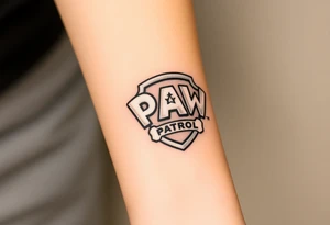 A pentagon-shaped Paw Patrol emblem, in a realistic metallic style with reflective highlights tattoo idea