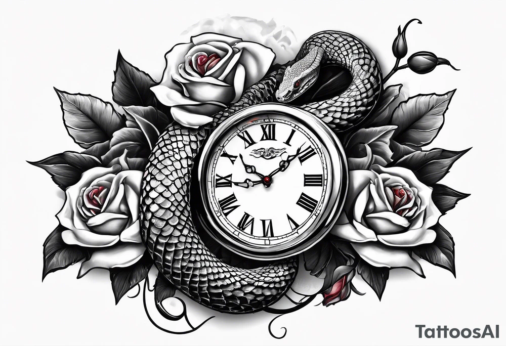 King cobra wrapped around an old broken watch clock with dead roses all around in the background tattoo idea