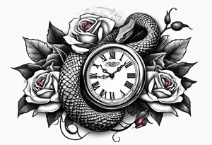 King cobra wrapped around an old broken watch clock with dead roses all around in the background tattoo idea