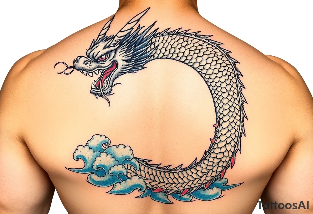 powerful japanese dragon, water background, colour red and blue tattoo idea