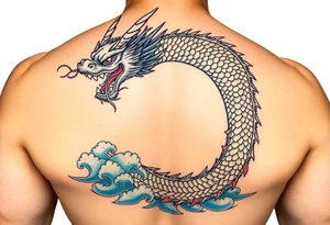 powerful japanese dragon, water background, colour red and blue tattoo idea