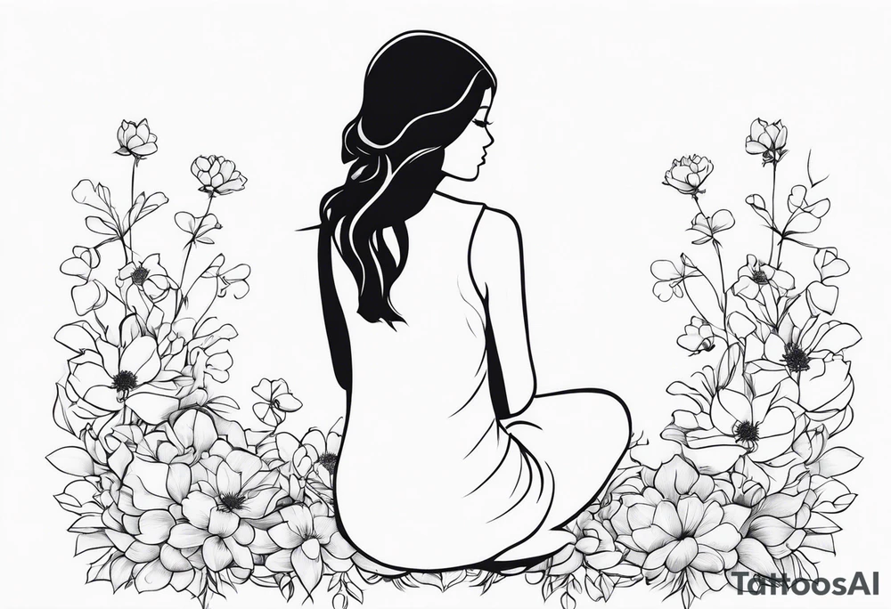 silhouette of girl with blooming flower as her head kneeling tattoo idea