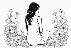 silhouette of girl with blooming flower as her head kneeling tattoo idea