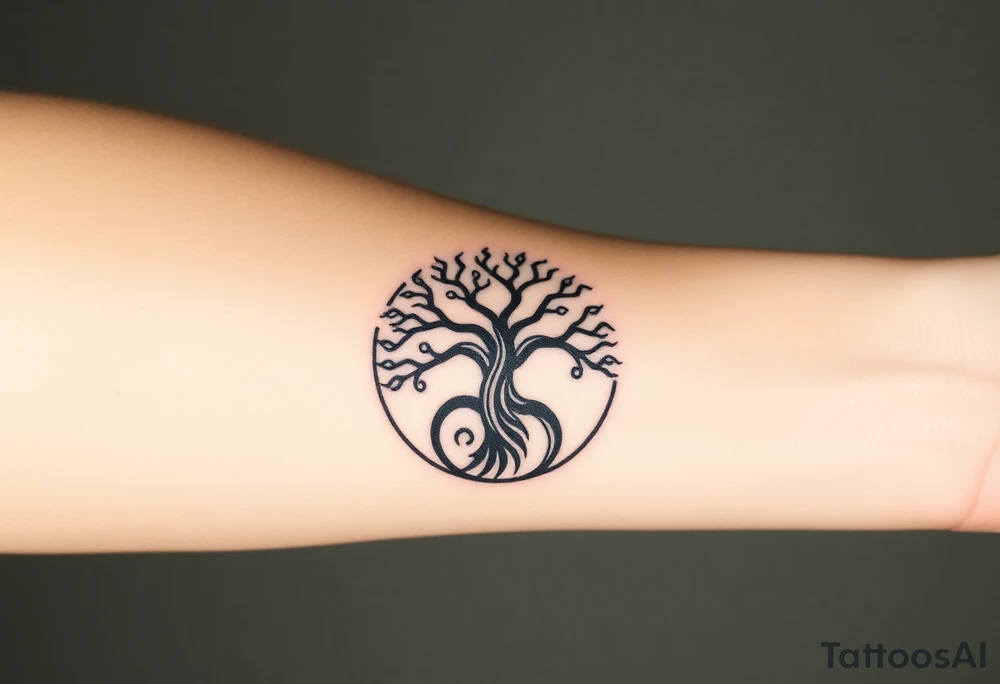 Tree encircled in a spiral circle tattoo idea