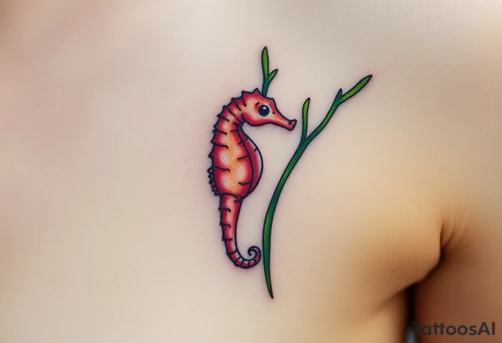 A tiny baby seahorse clinging to a green seaweed strand, with soft translucent pink and orange tones. tattoo idea