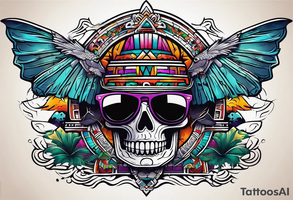 Colorful ancient Mayan hieroglyph wearing sunglasses reflecting Chichen itza and bats tattoo idea