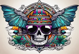 Colorful ancient Mayan hieroglyph wearing sunglasses reflecting Chichen itza and bats tattoo idea