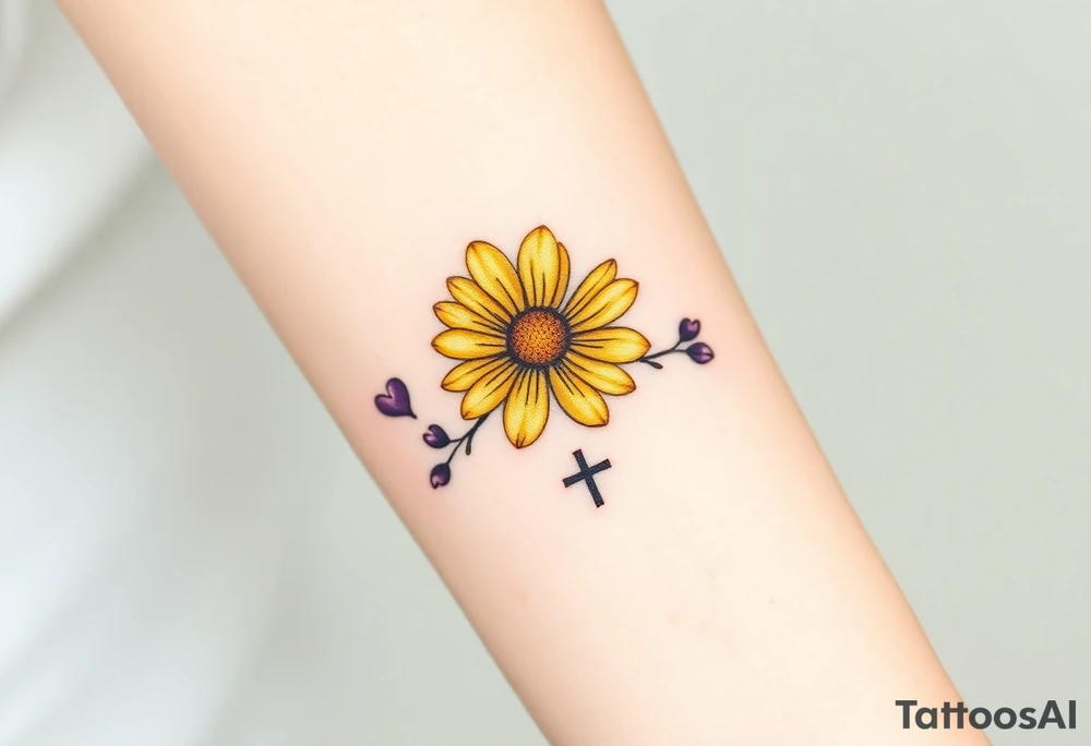 Simple yellow daisy with Purple Hearts & cross tattoo idea