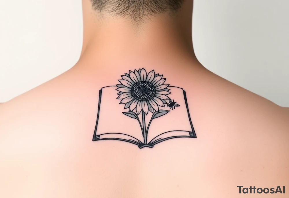 An open book with a sunflower and bees as one page tattoo idea