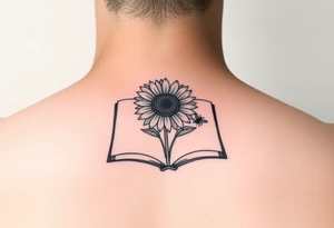 An open book with a sunflower and bees as one page tattoo idea