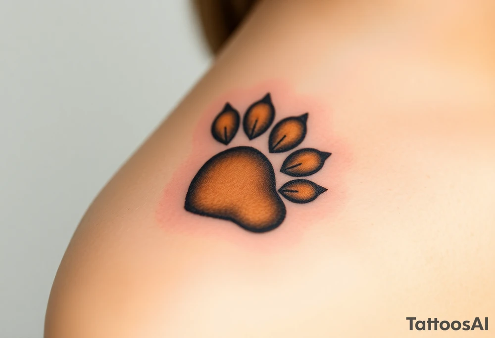 dog paw with fine fur details and warm shades of golden brown, caramel, and soft beige for a lifelike effect as heart tattoo idea